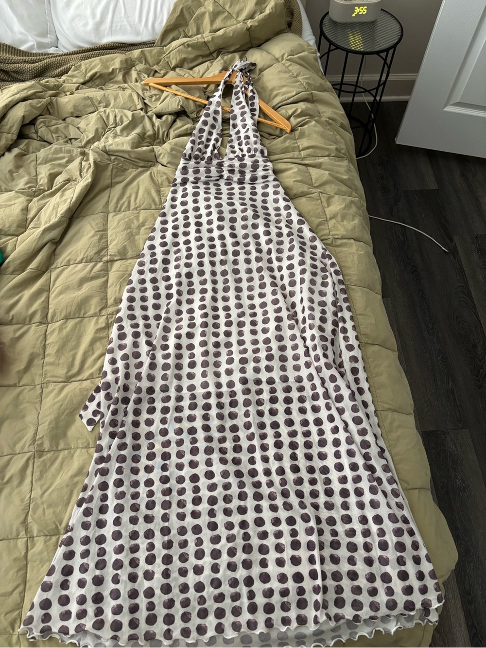Amazon White Halter Maxi Dress with Dark Gray Polka Dots